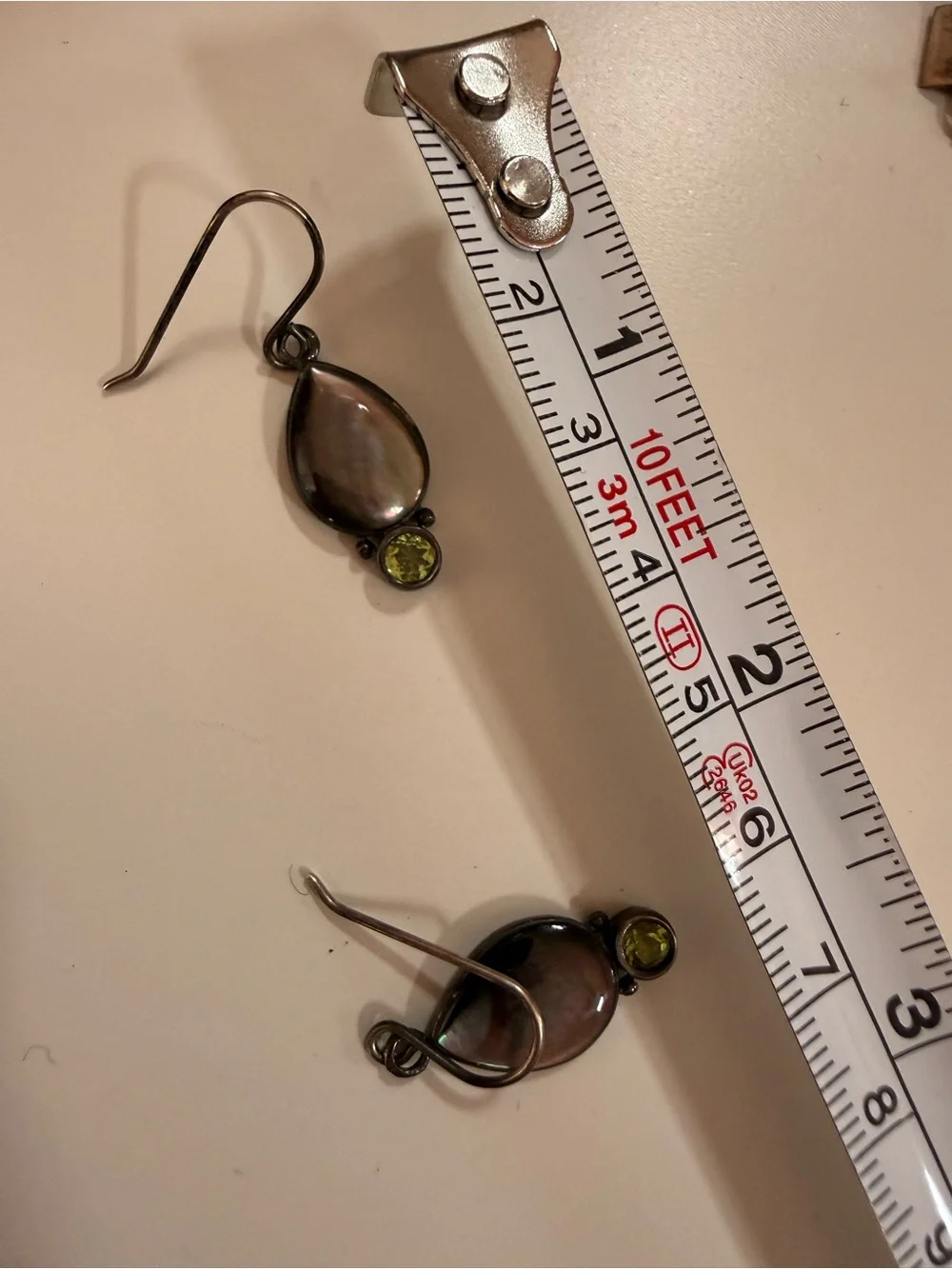 Sterling silver Abalone shell tear drop green Peridot Dangle Minimalist earrings